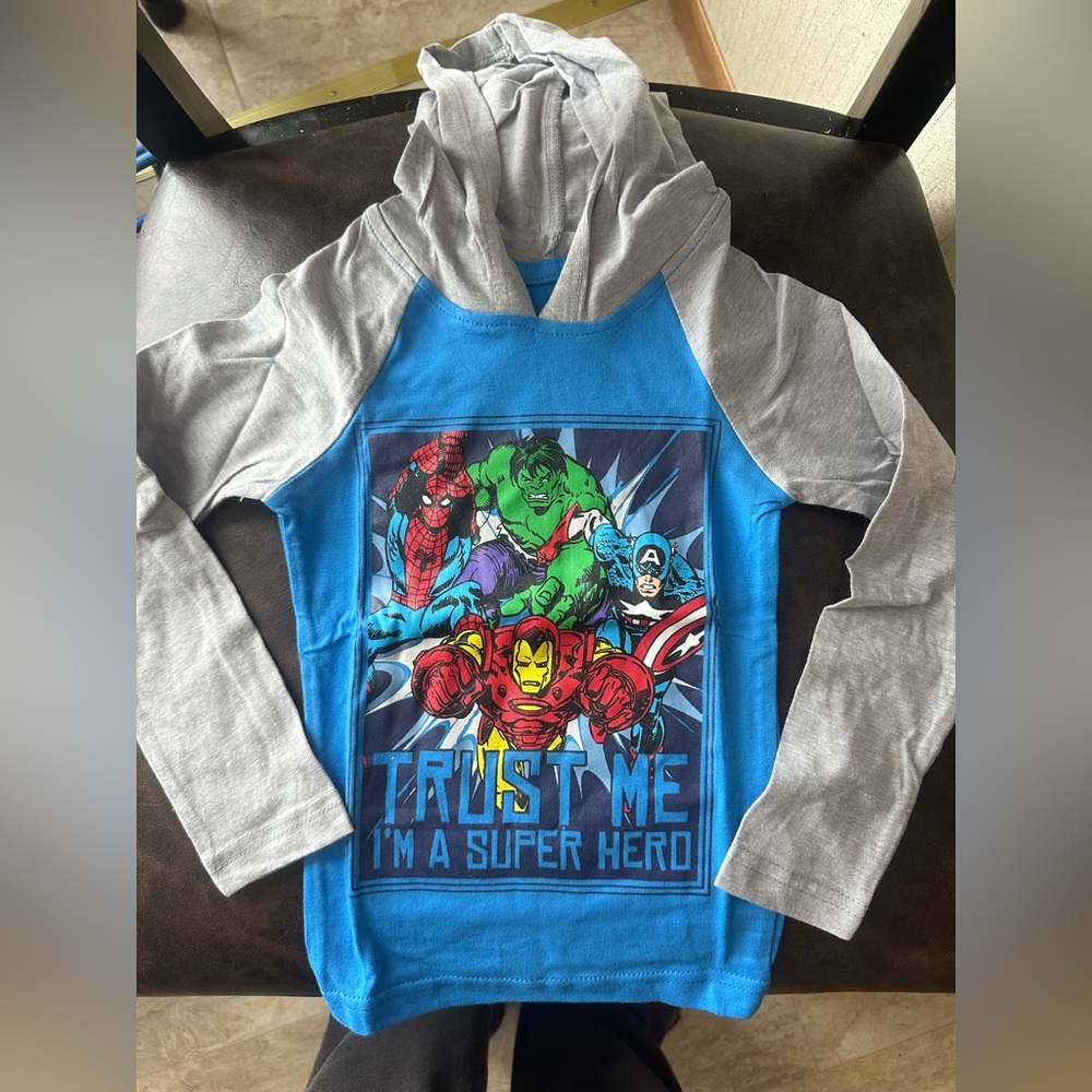 MARVEL SUPER HERO TODDLER HOODED TEE: GRAY/BLUE: NWOT: SZ 2T